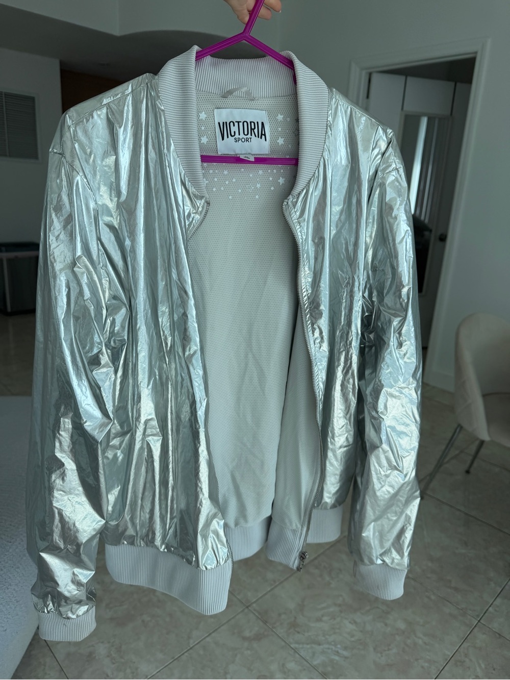 Victoria's Secret Silver Metallic Bomber Jacket - Shiny Silver Finish